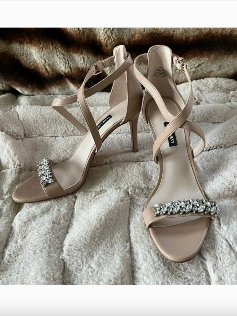 Nine West Mikhaila Cross Strap Nude Jeweled Stiletto Heels Sandals - 10